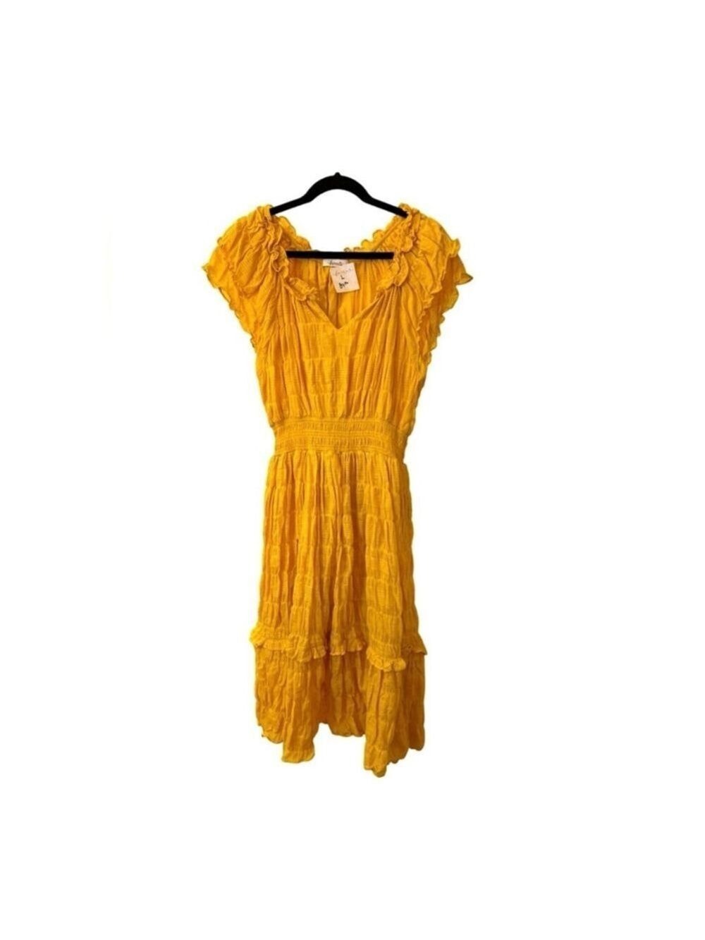 Faveur Boutique Butter Yellow Boho Smocked Midi Dress Size L NWT